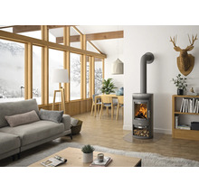 Moderner Kaminofen mit brennendem Feuer in hellem Wohnzimmer mit großen Fenstern, Holzmöbeln und Blick auf Schneelandschaft.
