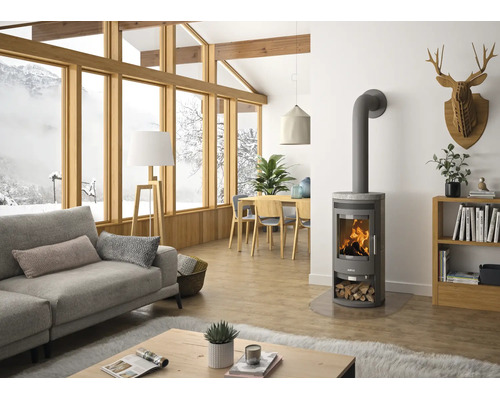Moderner Kaminofen mit brennendem Feuer in hellem Wohnzimmer mit großen Fenstern, Holzmöbeln und Blick auf Schneelandschaft.