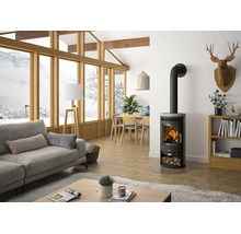 Moderner Kaminofen aus Stahl mit Sichtscheibe in einem hellen Wohnzimmer mit großen Fenstern und Blick auf eine Schneelandschaft.