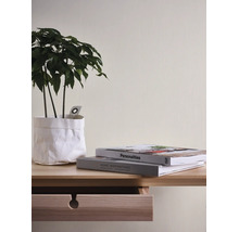 Helle Tapete mit dezenter Struktur in einem modern gestalteten Wohnraum mit Holzmöbeln und Zimmerpflanze.