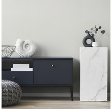 Modernes Wohnzimmer mit dunklem Sideboard, Marmor-Podest, dekorativer Muschel, Vase und grauem Strick-Pouf.