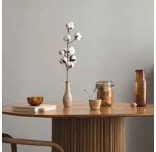 Einrichtungsbeispiel mit Baumwollzweig in einer Vase auf einem runden Holztisch mit geriffeltem Standfuss, Vorratsgläsern und Glasflasche.