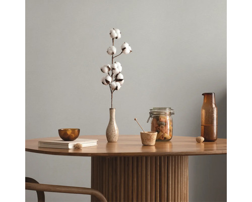Einrichtungsbeispiel mit Baumwollzweig in einer Vase auf einem runden Holztisch mit geriffeltem Standfuss, Vorratsgläsern und Glasflasche.