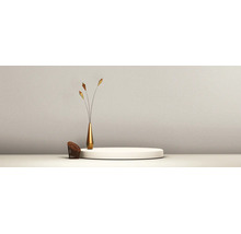 Minimalistische helle Szene mit weißem Podest, goldfarbener Vase mit dekorativen Zweigen und kleinem Korb vor einer strukturierten Wand.