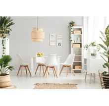 Helles, modern eingerichtetes Esszimmer mit weißem Tisch, Stühlen mit Holzbeinen, großer Korb-Pendelleuchte, weißem Regal und Zimmerpflanzen.