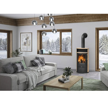 Moderner Kaminofen mit Feuer in hellem Wohnzimmer mit grauem Sofa, Holztisch und Blick auf verschneite Waldlandschaft.