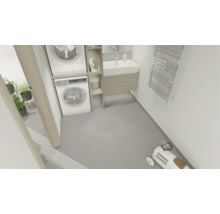 Moderner Hauswirtschaftsraum mit Waschmaschinenregal, Waschbecken auf Unterschrank und Handtuchheizkörper an der Wand.