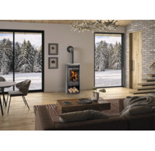 Moderner Kaminofen in einem hellen Wohnzimmer mit großen Fenstern und Blick auf eine verschneite Winterlandschaft.