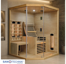 San Technik International Logo. Infrarotkabine für die Ecke aus Holz mit Glasfront, ergonomischer Liege, Strahlern und digitaler Steuerung.