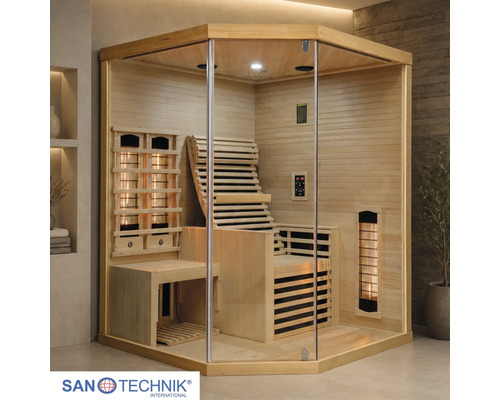 San Technik International Logo. Infrarotkabine für die Ecke aus Holz mit Glasfront, ergonomischer Liege, Strahlern und digitaler Steuerung.