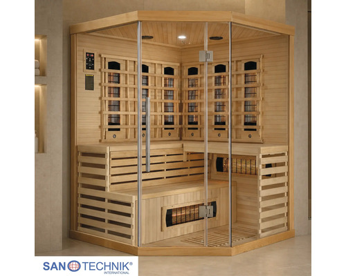 Eck-Infrarotkabine aus hellem Holz mit Glasfront, Holzbänken und Infrarotstrahlern. San Technik International Logo.