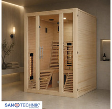 Infrarotkabine aus Holz mit Glaselementen und ergonomischen Liegen in einem modernen Raum.