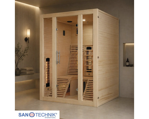 Infrarotkabine aus Holz mit Glaselementen und ergonomischen Liegen in einem modernen Raum.
