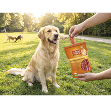 Ein Golden Retriever sitzt auf einer Wiese und bekommt einen Mr. Beef Snack Entenbruststreifen aus der Packung gereicht.