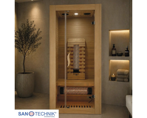 Infrarotkabine aus Holz mit Glastür, integrierten Strahlern und Sitzbank in modernem Wellness-Ambiente. San Technik International Logo.