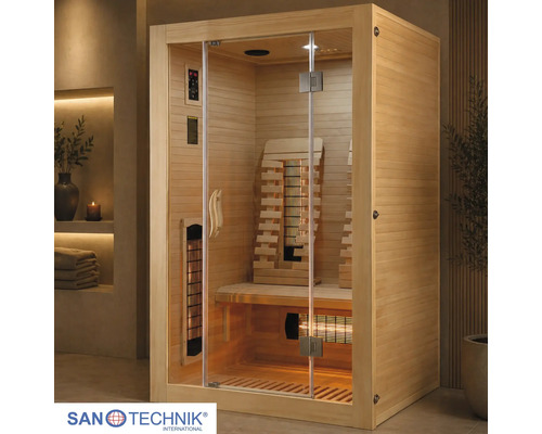 Infrarotkabine aus hellem Holz mit Glastür, Sitzbank und Infrarotstrahlern in einem modernen Wellnessbereich. Sanotechnik Logo.