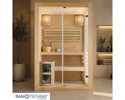 Innensauna aus hellem Holz mit Glasfront, zwei Sitzbänken, Saunaofen und Zubehör in einem hellen, organisierten Raum. Sanotechnik Logo.