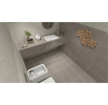 Modernes Badezimmer mit grauen Fliesen, weißem Einbauwaschbecken auf grauem Waschtisch, Bidet und dekorativem Holzwandschmuck.