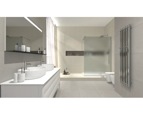 Modernes, helles Badezimmer mit Doppelwaschtisch, zwei Aufsatzbecken, großem Spiegel, ebenerdiger Dusche mit Glaswand und vertikalem Designheizkörper.
