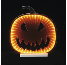 LED Halloween Kürbis mit Unendlichkeitseffekt und Jack-O-Lantern Gesicht auf weißem Standfuß.