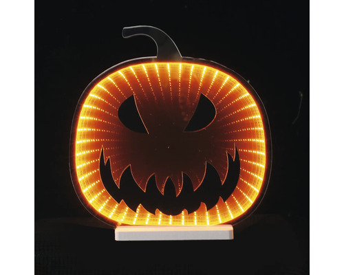 LED Halloween Kürbis mit Unendlichkeitseffekt und Jack-O-Lantern Gesicht auf weißem Standfuß.