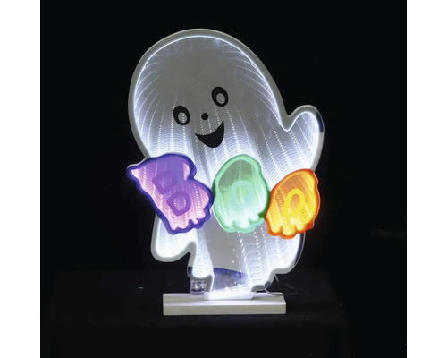 Halloween-Lichtdekoration lächelnder Geist mit Unendlichkeits-Spiegel-Effekt und leuchtendem Boo-Schriftzug auf einem weißen Standfuß.