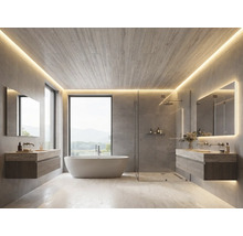 Modernes Bad mit freistehender Wanne, Glasdusche und hängenden Waschtischen. Indirekte LED-Beleuchtung an Holzdecke und Spiegeln. Graue Wandfliesen.