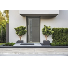 Moderne Haustür mit vertikalem Glasausschnitt, Edelstahlgriff und Querfräsungen in einem hellen Eingangsbereich mit Pflanzkübeln und Hecke.
