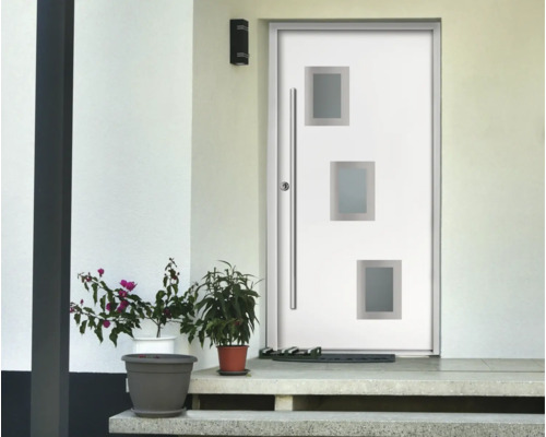 Moderne weiße Haustür mit drei quadratischen Glasausschnitten und Edelstahlstangengriff in einem hellen Eingangsbereich mit Pflanzen auf Stufen.