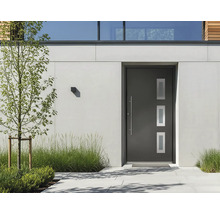 Moderne dunkelgraue Haustür mit drei rechteckigen Glaseinsätzen und langem Stangengriff in einer hellen Fassade.