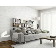 Modernes Wohnzimmer mit weißer Wandverkleidung in Holzoptik, einem grauen Sofa und Bücherregalen an der Wand. Hell und ordentlich.