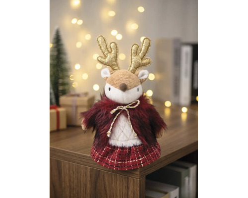 Weihnachtsdekofigur Rentier mit goldenem Geweih, weichem Plüschfell und rot kariertem Rock.