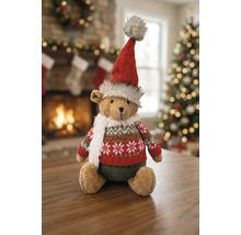 Dekofigur Bär im Weihnachtsoutfit mit Strickmütze, Pullover mit Schneeflockenmuster und weißem Schal.