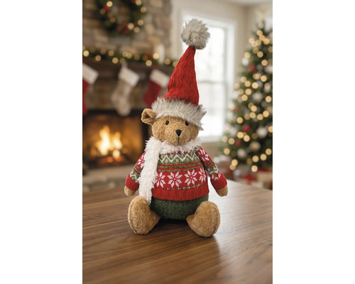 Dekofigur Bär im Weihnachtsoutfit mit Strickmütze, Pullover mit Schneeflockenmuster und weißem Schal.