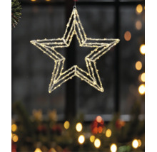 LED-Weihnachtsstern mit Kristalleffekt und warmweißen Lichtern, hängend vor einem Fenster als festliche Dekoration.