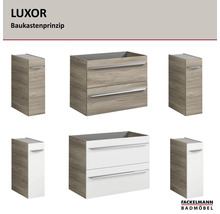 Modulares Badmöbel Baukastensystem Fackelmann Luxor mit Unterschränken in Holzoptik und Weiß sowie silbernen Griffen. Fackelmann Badmöbel Logo.