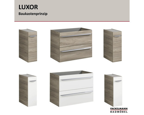 Modulares Badmöbel Baukastensystem Fackelmann Luxor mit Unterschränken in Holzoptik und Weiß sowie silbernen Griffen. Fackelmann Badmöbel Logo.