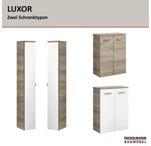 Fackelmann Luxor Badezimmerschränke: Hochschrank und Hängeschrank in Eichenoptik und Weiß.