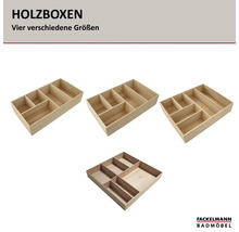 Holzboxen in vier verschiedenen Größen von Fackelmann Badmöbel mit mehreren Fächern zur Organisation. Fackelmann Badmöbel Logo.