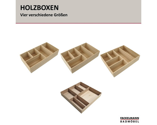 Holzboxen in vier verschiedenen Größen von Fackelmann Badmöbel mit mehreren Fächern zur Organisation. Fackelmann Badmöbel Logo.
