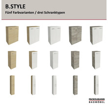 Fackelmann B.STYLE Badmöbel Serie mit einer Auswahl an Unterschränken und Hochschränken in fünf verschiedenen Designs.