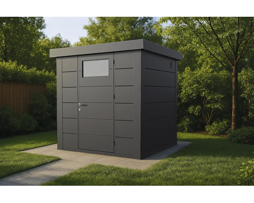 Modernes Gartenhaus aus Metall in Anthrazit mit Flachdach und Tür mit Fenster auf Steinfundament im Garten.