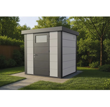 Modernes Gartenhaus mit Flachdach und verglaster Tür aus Metall, auf Steinplatten in einem Garten aufgestellt.