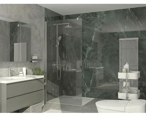 Modernes Badezimmer mit begehbarer Glasdusche, Waschtisch mit Waschbecken und vertikalem Heizkörper.