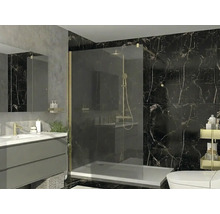 Modernes Badezimmer mit Glas-Walk-in-Dusche, goldfarbenen Profilen, schwarzen Marmorfliesen und grauem Waschtisch mit goldener Armatur.