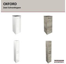Fackelmann Badmöbel der Serie Oxford: Midischrank und Hochschrank in den Ausführungen Weiß und Holzoptik. Fackelmann Badmöbel Logo.