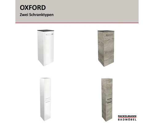 Fackelmann Badmöbel der Serie Oxford: Midischrank und Hochschrank in den Ausführungen Weiß und Holzoptik. Fackelmann Badmöbel Logo.