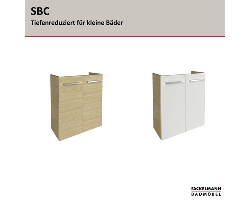 Fackelmann Waschtischunterschrank SBC, tiefenreduziert für kleine Bäder, zwei Türen, Holzoptik und Weiß.