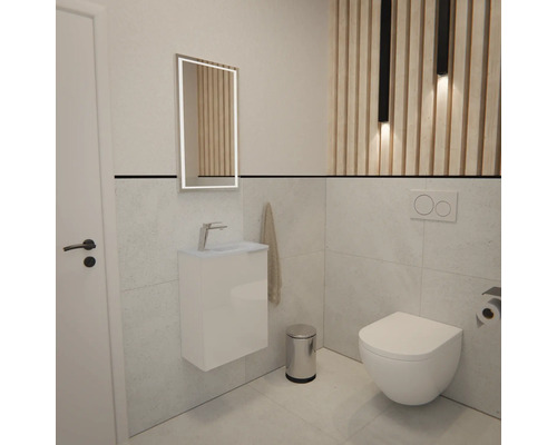 Modernes Gäste-WC mit wandhängendem WC, weißem Waschtischunterschrank, beleuchtetem Spiegel und einer Wandgestaltung aus Holzlamellen.