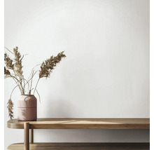 Minimalistischer Innenraum mit einer Holzbank und einer strukturierten Vase mit getrocknetem Schilfgras vor einer hellen Wand.